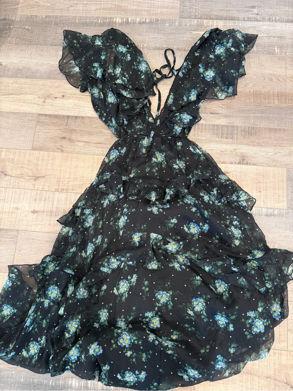 ASOS Black Midi Dress with Blue Floral Print, tiered dress